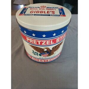 Nibble with Gibbles Pretzel Stix Bicentennial Vintage 7 1/2" Tin Can Advertising